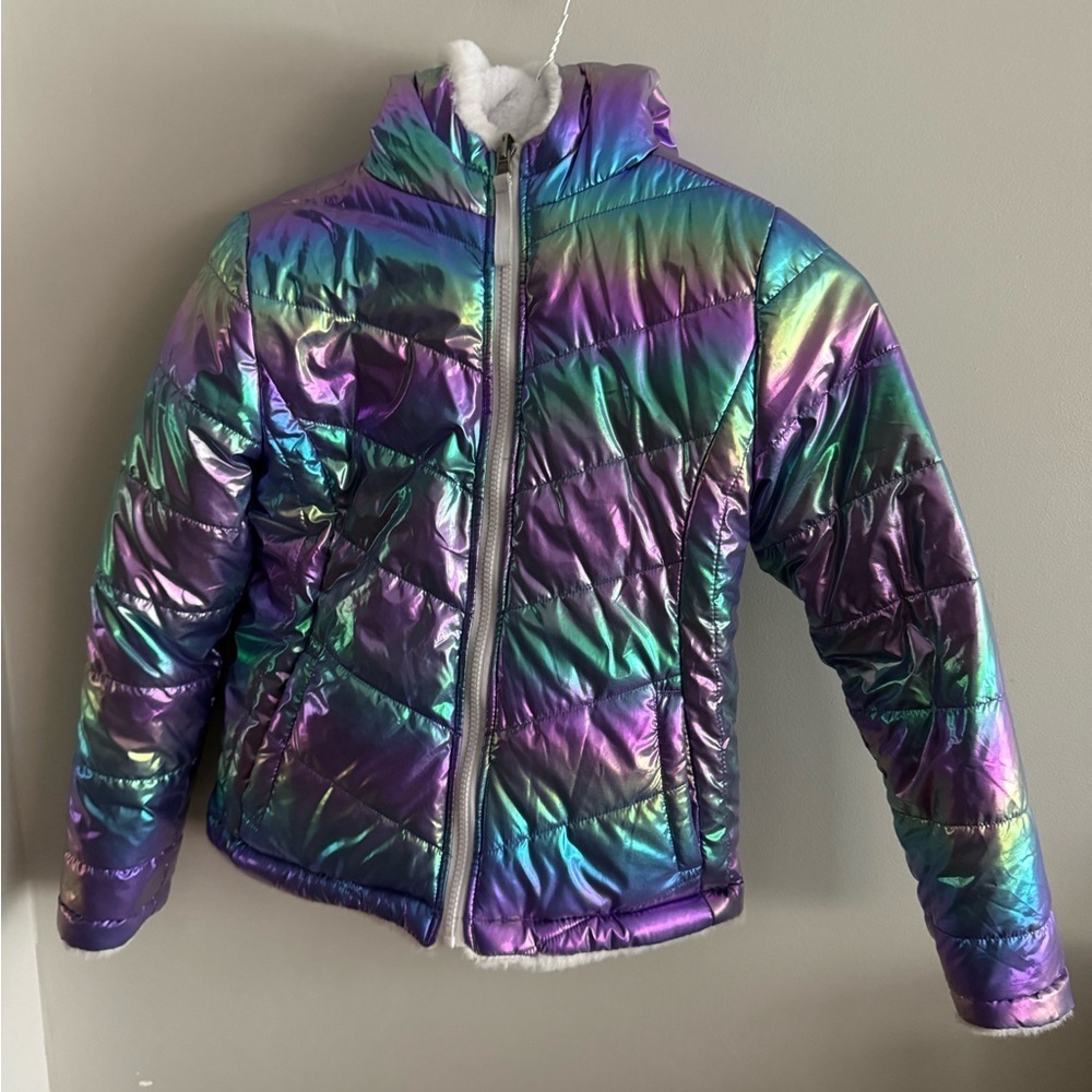 SO Girls Reversible Iridescent Puffer & White Faux Fur Jacket Size 10/12